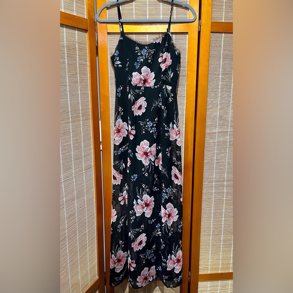 American Eagle Outfitters Black Floral Maxi Dress with Pink Flowers